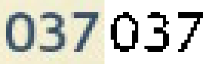 The rectangle of the above screenshot containing the digits "037", next to a black and white version of it (threshold of 128)