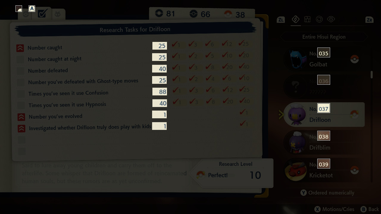 Screenshot of Drifloon's pokédex entry, on the research tasks page, with the pokédex number of all five visible Pokémon highlighted. The selected pokémon number has a white-ish background, while the other ones are different shades of brown. The research tasks scores are also highlighted.