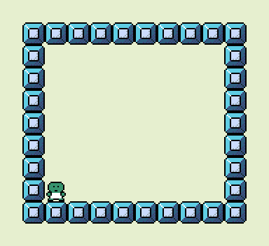 Game screen with green background with a border of squares, with a green
humanoid avatar in the lower left corner